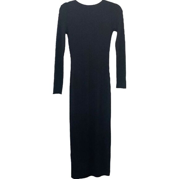 ZARA Black Ribbed Knit Sweater Midi Dress – Long Sleeve V-Neck with Front Slit M - Picture 4 of 14